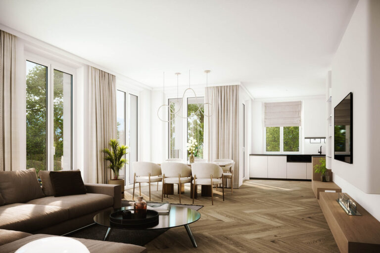 Innenraum Fischgrätparkett Beige Weiß Schwarz modernes Interieur AssetX Salzburg