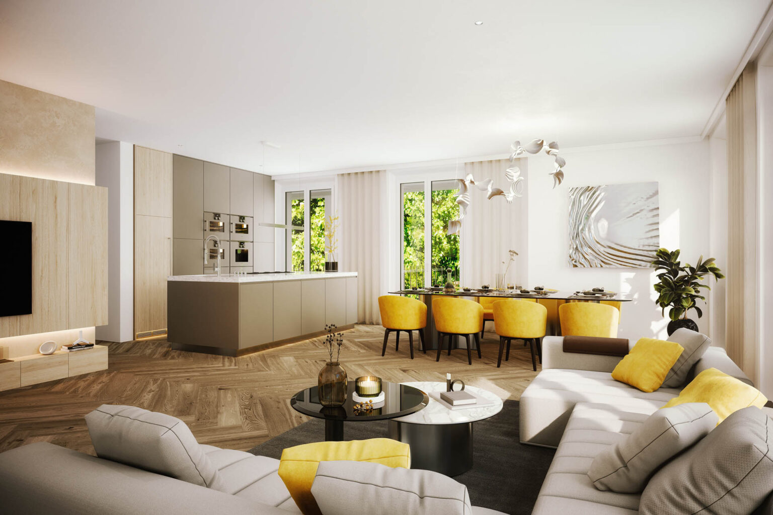 Innenraum Fischgrätparkett Beige Weiß Schwarz modernes Interieur AssetX Salzburg