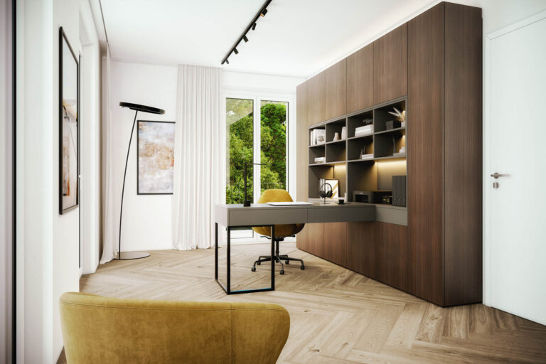 Innenraum Fischgrätparkett Beige Weiß Schwarz modernes Interieur AssetX Salzburg