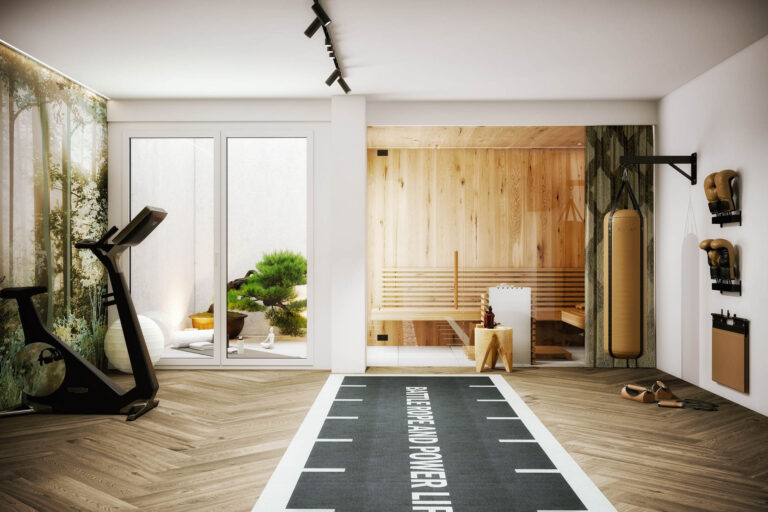 Fitnessraum Gym Fischgrätparkett Beige Weiß Schwarz modernes Interieur AssetX Salzburg