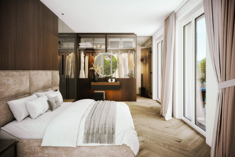 Innenraum Fischgrätparkett Beige Weiß Schwarz modernes Interieur AssetX Salzburg