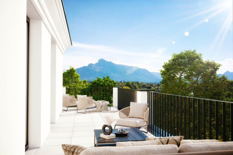 AssetX Kreuzbergpromenade Terrasse Obergeschoss Sonnenliegen Bergblick Lounge