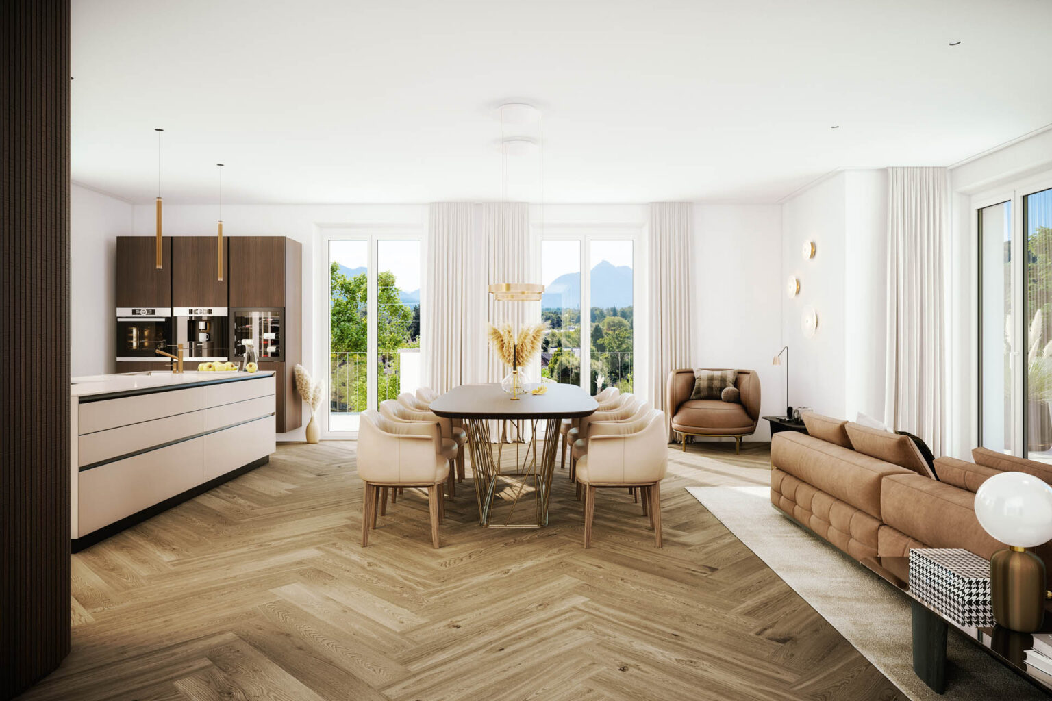 Innenraum Fischgrätparkett Beige Weiß Schwarz modernes Interieur AssetX Salzburg