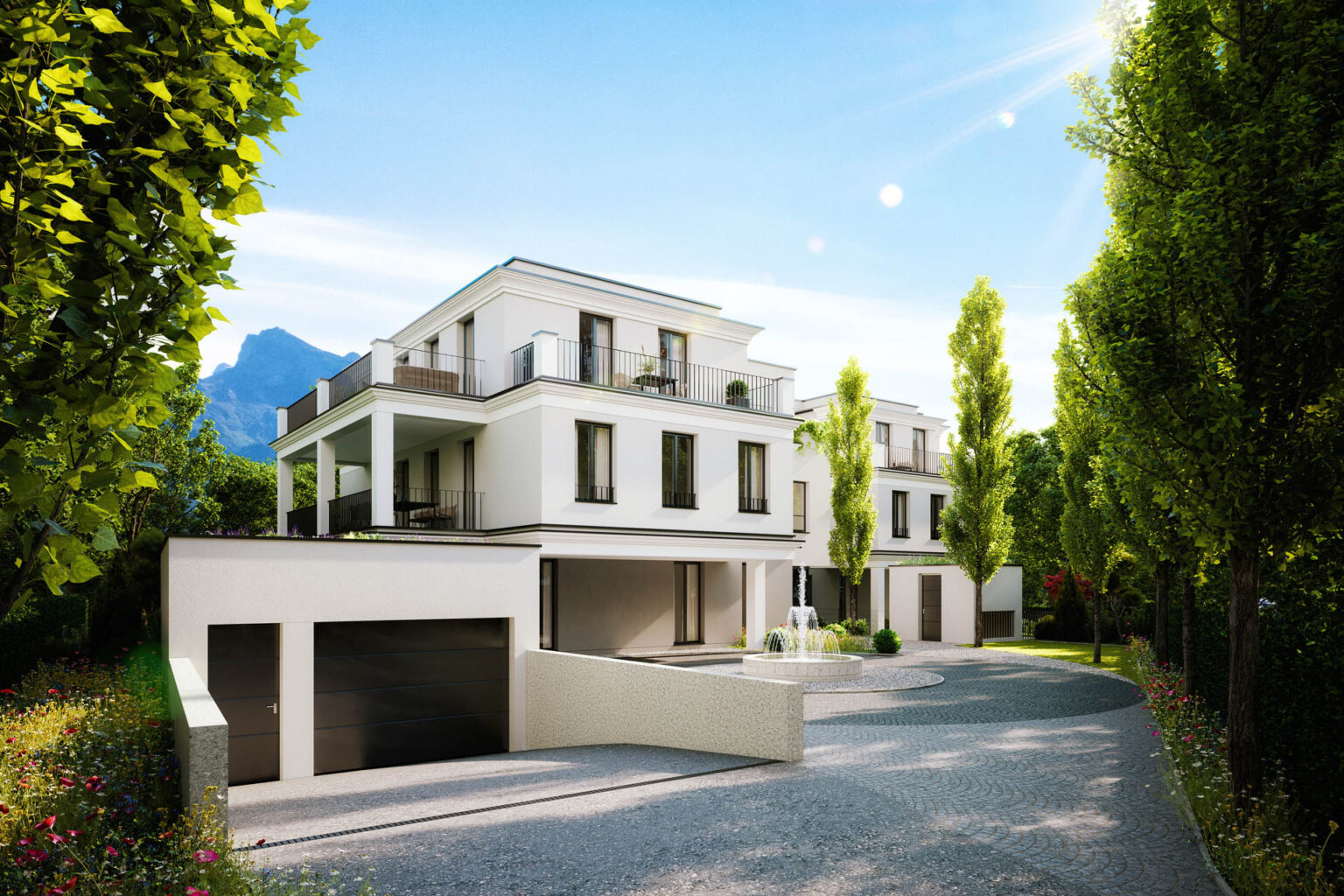 AssetX Wohnanlage in Salzburg mit moderner Villa-Architektur und Springbrunnen vor dem Eingang