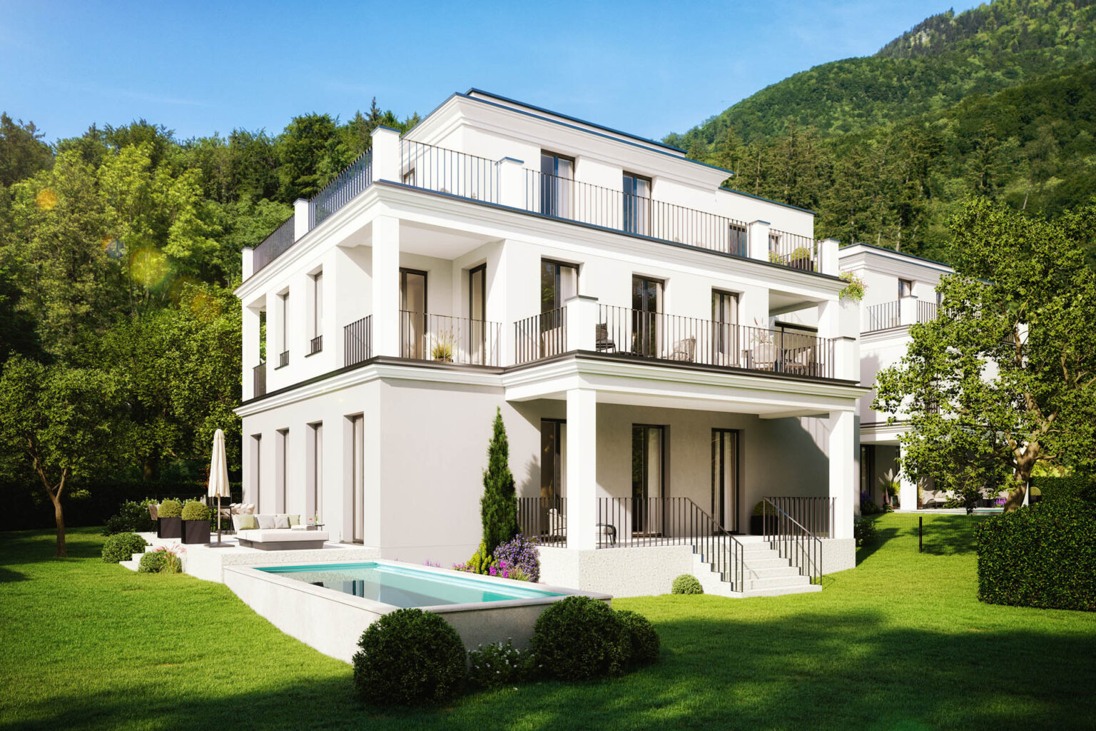 AssetX Wohnanlage in Salzburg mit moderner Villa-Architektur und Pool