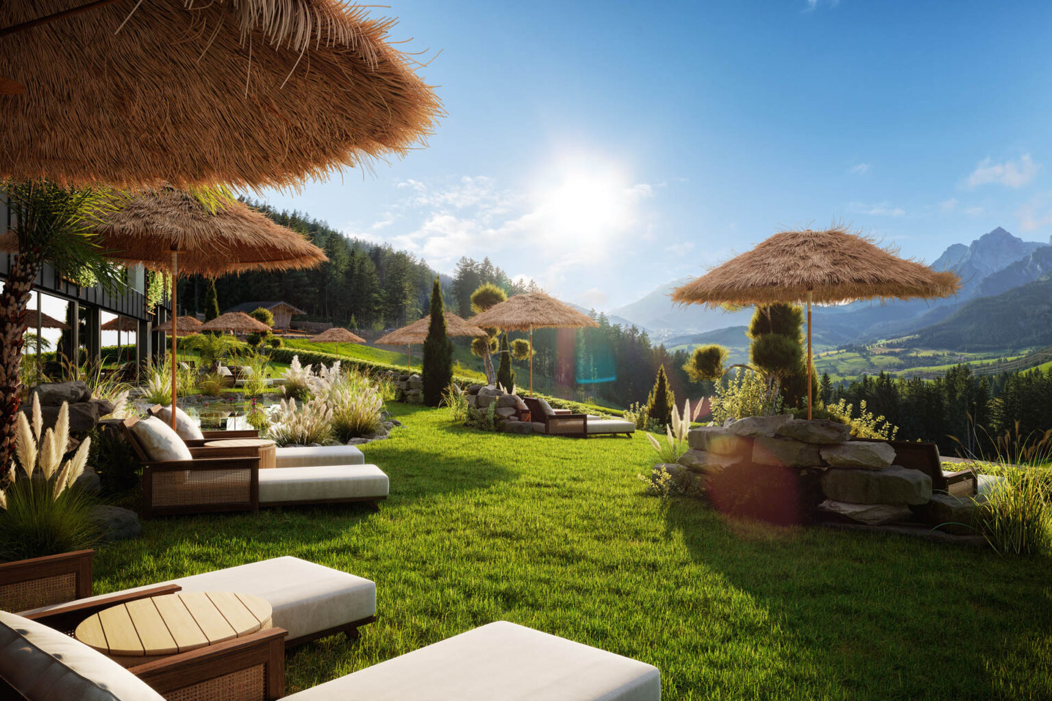 Garten Hotel Jufenalm Sonnenliegen Sonnenschirme Sommer Wiese