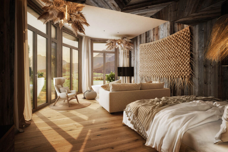 Visualisierung Zimmer Hotel Jufenalm Holzboden Holzverkleidung Beige Weiß Schwarz