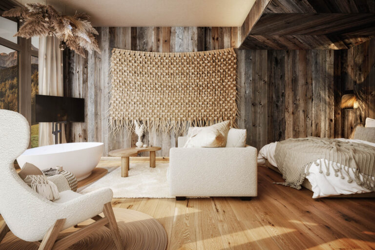 Visualisierung Zimmer Hotel Jufenalm Holzboden Holzverkleidung Beige Weiß Schwarz