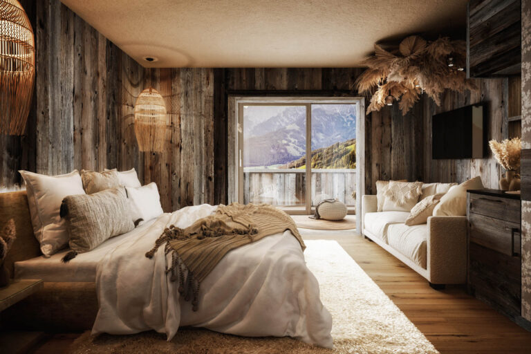 Visualisierung Zimmer Hotel Jufenalm Holzboden Holzverkleidung Beige Weiß Schwarz