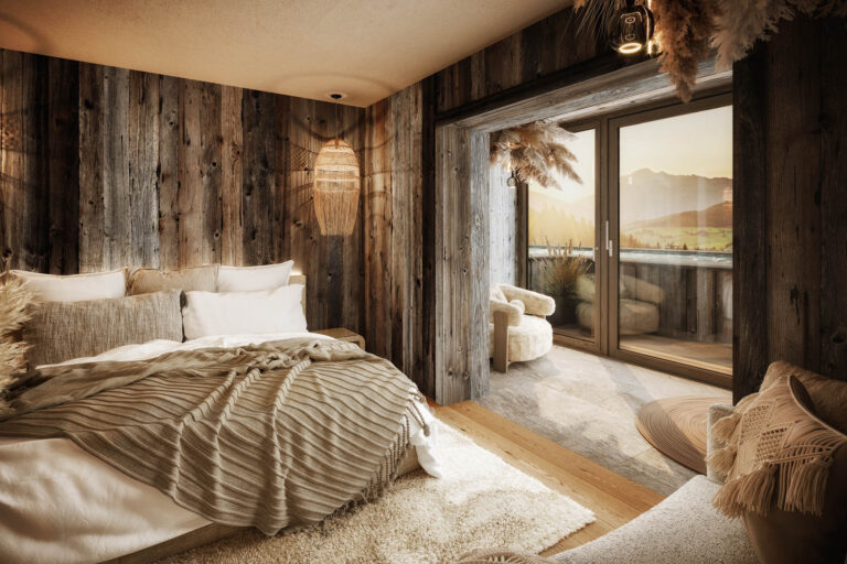 Visualisierung Zimmer Hotel Jufenalm Holzboden Holzverkleidung Beige Weiß Schwarz
