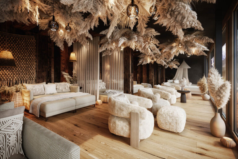 Visualisierung Zimmer Hotel Jufenalm Holzboden Holzverkleidung Beige Weiß Schwarz