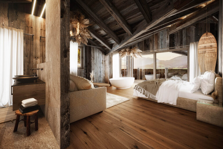 Visualisierung Zimmer Hotel Jufenalm Holzboden Holzverkleidung Beige Weiß Schwarz