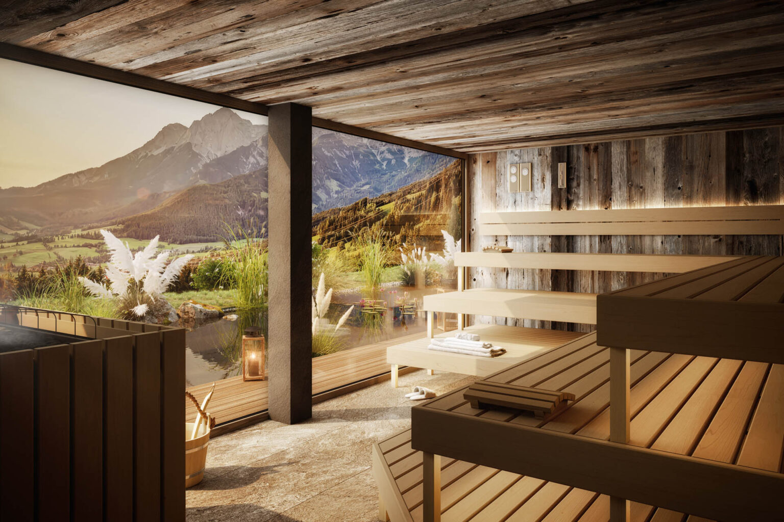 Panorama Sauna Hotel Jufenalm Glasfront Bergblick Wellnessbereich