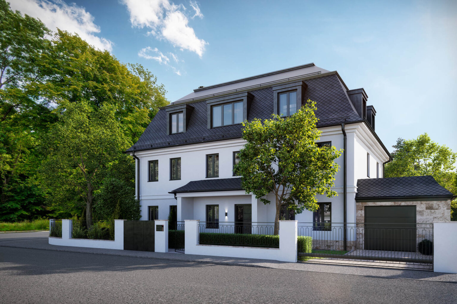 Einfamilienhaus München Gellerstraße moderne Villa weiße Fassade schwarzes Dach