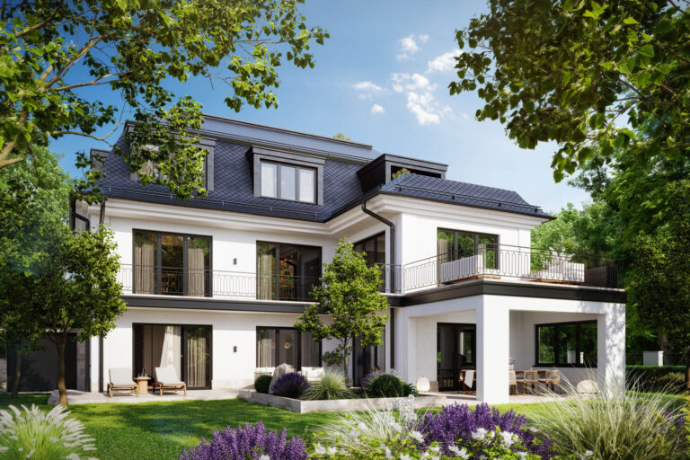 Einfamilienhaus München Gellerstraße Gartenansicht weiße Fassade schwarzes Dach