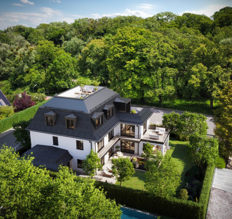 Villa München Gellerstraße Garten Dachterrasse Luftaufnahme grüne Umgebung