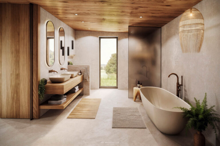 Privathaus Peuerbach Badezimmer freistehende Badewanne 3D Visualisierung