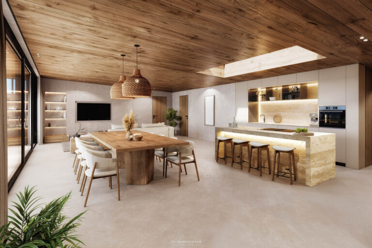 Privathaus Peuerbach Küche Essbereich 3D Innenvisualisierung
