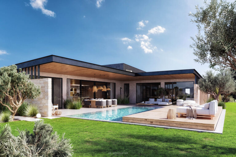 Privathaus Peuerbach Pool und Terrasse 3D Visualisierung