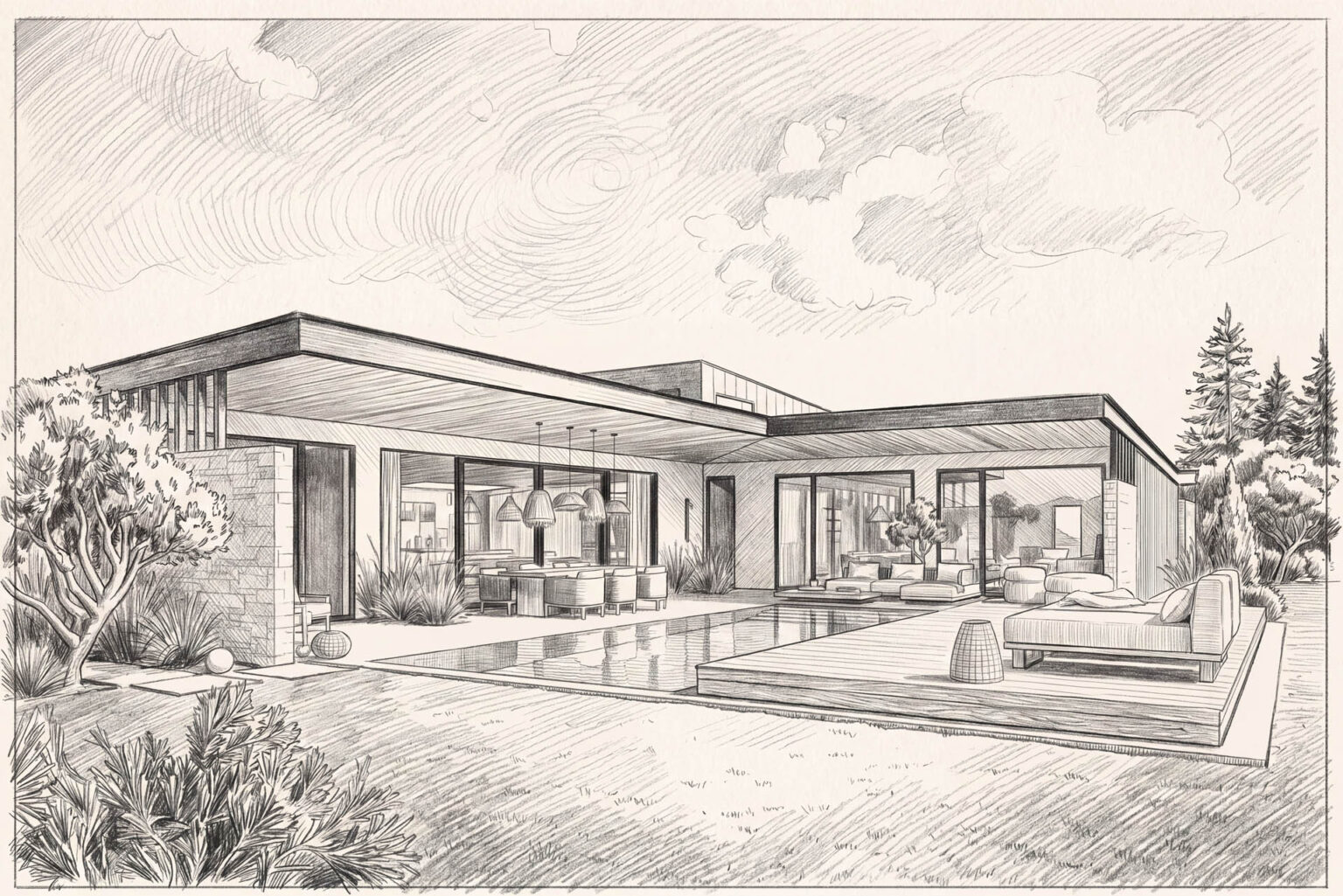 Privathaus Peuerbach Architektur Sketch Poolbereich