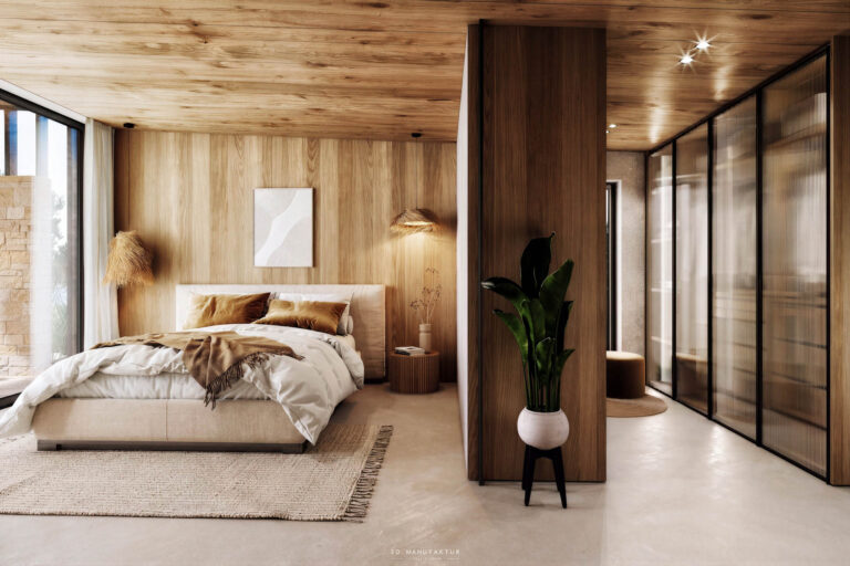 Privathaus Peuerbach Schlafzimmer Holz 3D Innenvisualisierung