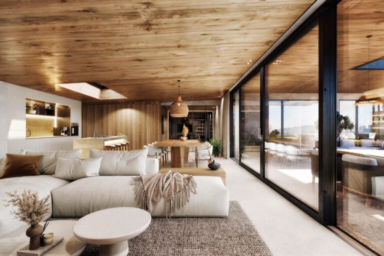 Privathaus Peuerbach moderner Wohnbereich 3D Visualisierung